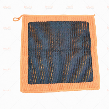 Orange clay decontamination towel with blue honeycomb pad and hanging loop