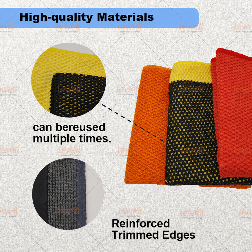 3-pack clay decontamination towels in yellow, orange, and red with reinforced edges