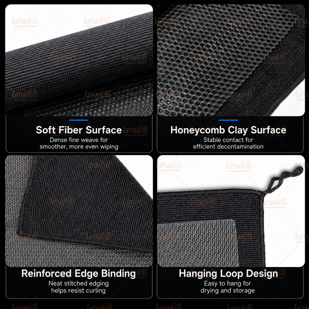 Black clay decontamination towel showing honeycomb surface and reinforced binding