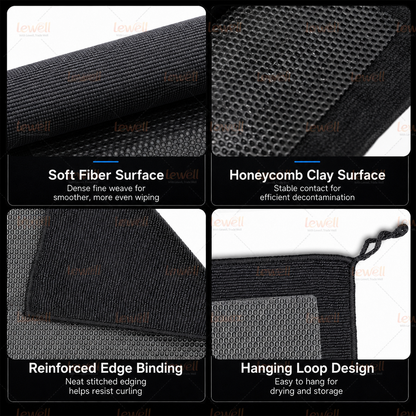 Black clay decontamination towel showing honeycomb surface and reinforced binding