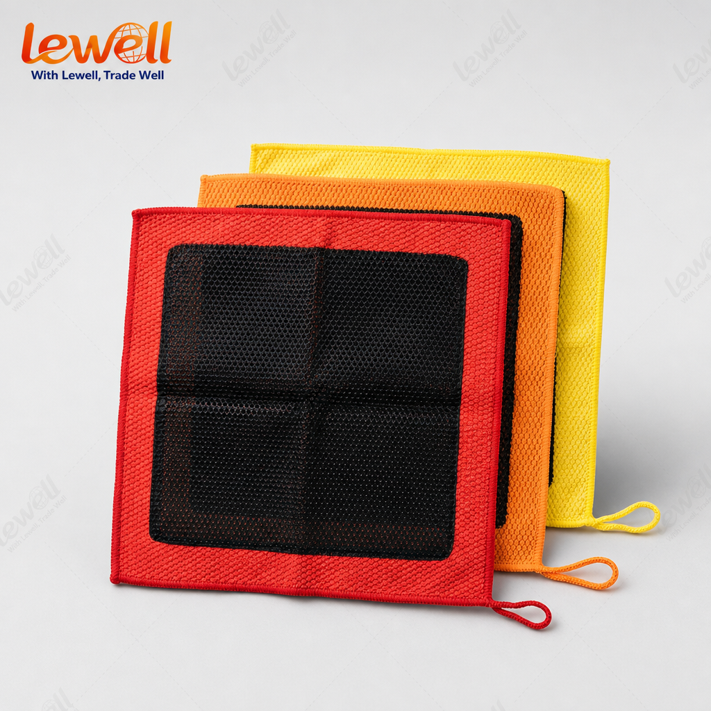 3-pack clay decontamination towels in red, orange, and yellow with black pads