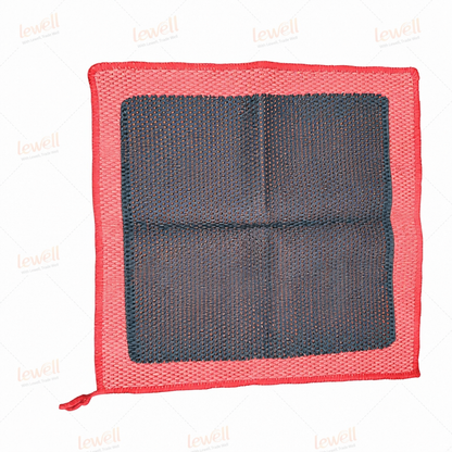 Red clay decontamination towel with blue honeycomb pad and hanging loop