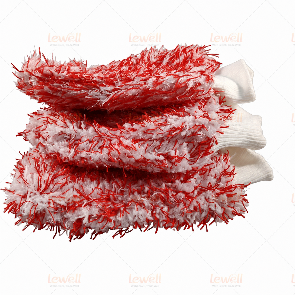 Red microfiber car wash mitts with white ribbed knit cuffs, stacked (3-pack)