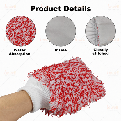 Red microfiber car wash mitt with white knit cuff details and closely stitched edges