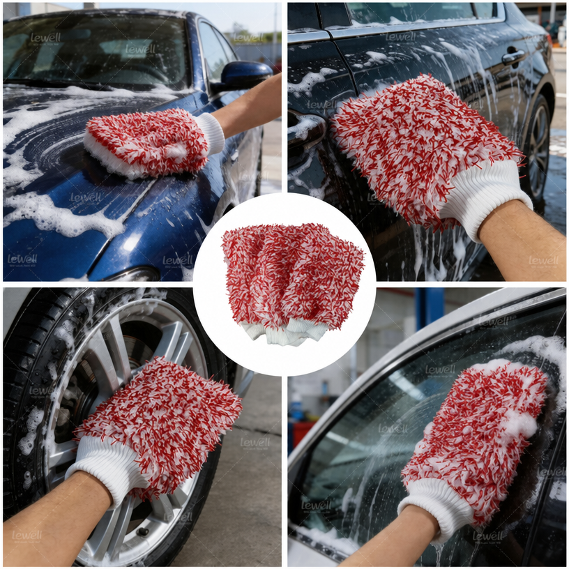 Red microfiber car wash mitt scrubbing a car door and wheel during washing