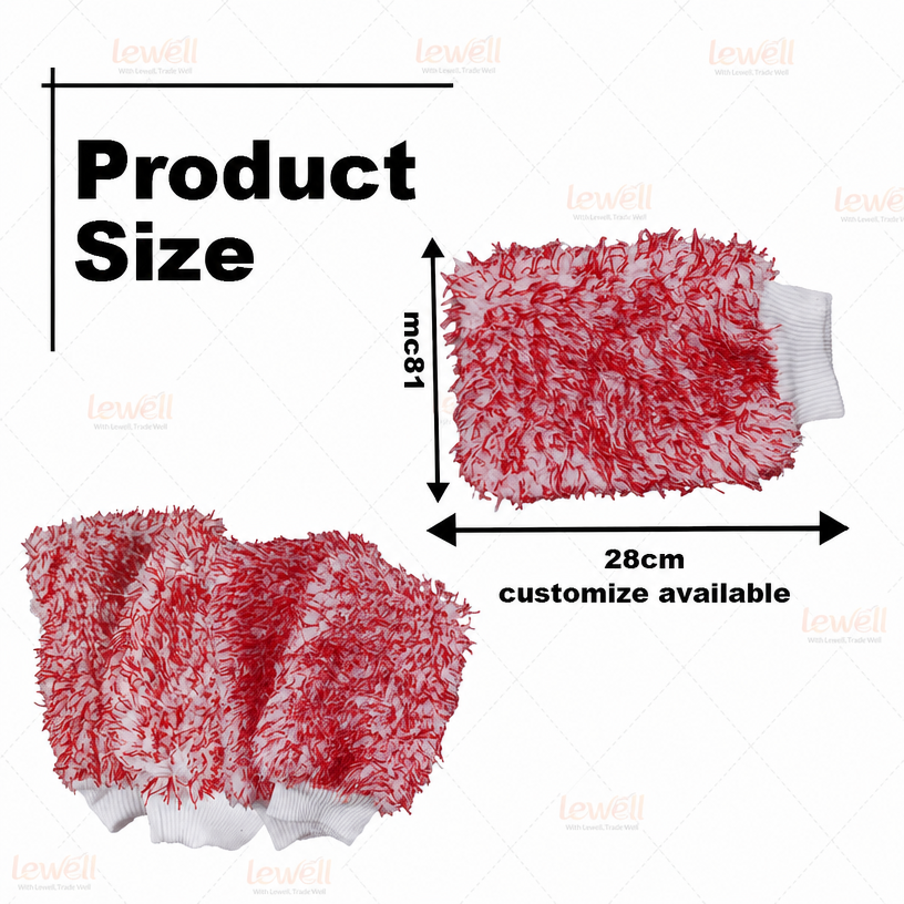 Red microfiber car wash mitt set with white knit cuffs, product size view