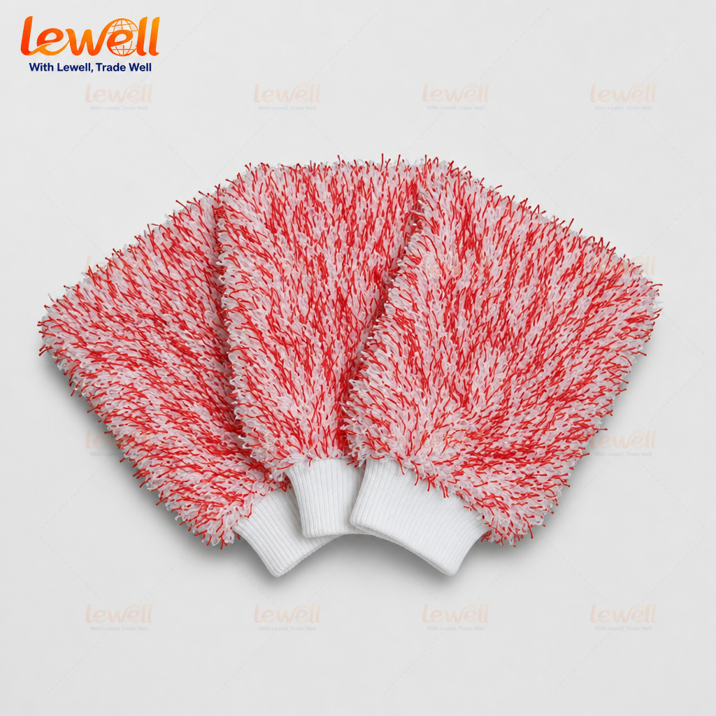 Red microfiber car wash mitt with white ribbed knit cuff, flat lay