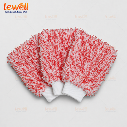 Red microfiber car wash mitt with white ribbed knit cuff, flat lay