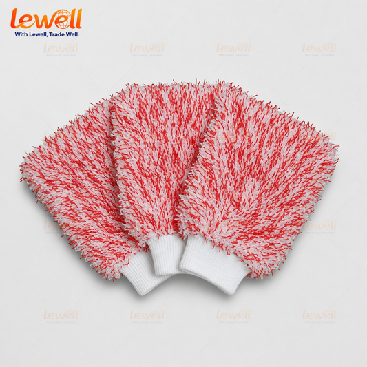 Red microfiber car wash mitt with white ribbed knit cuff, flat lay