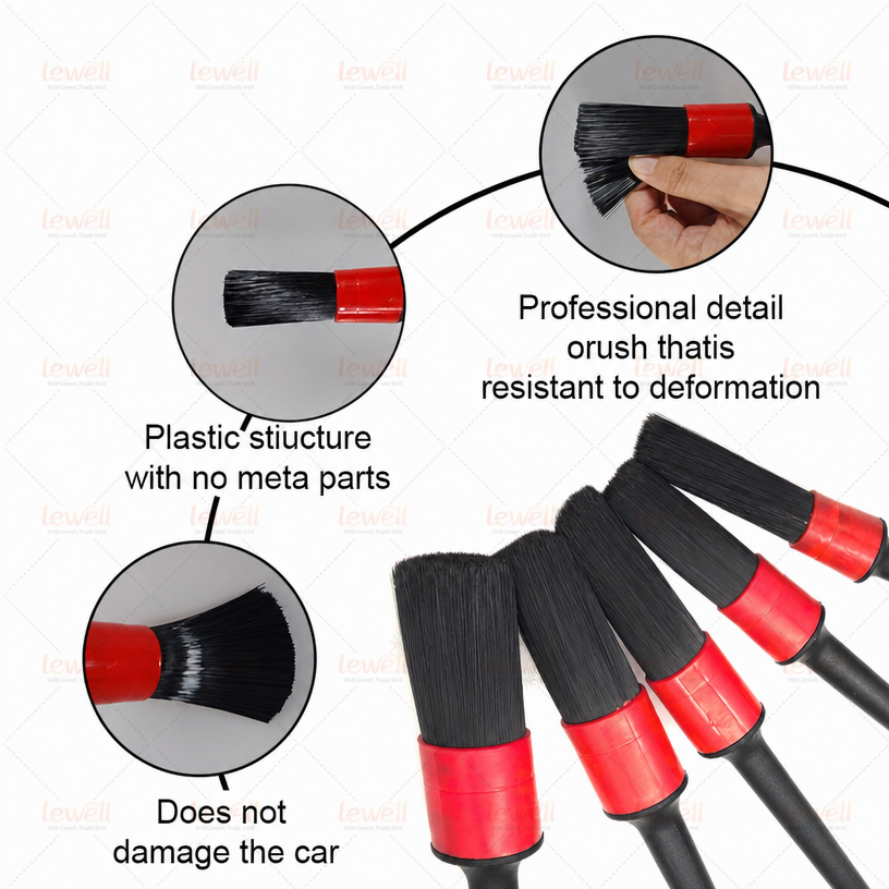Car detailing brushes with black bristles, red end caps, and black handles with protective grip