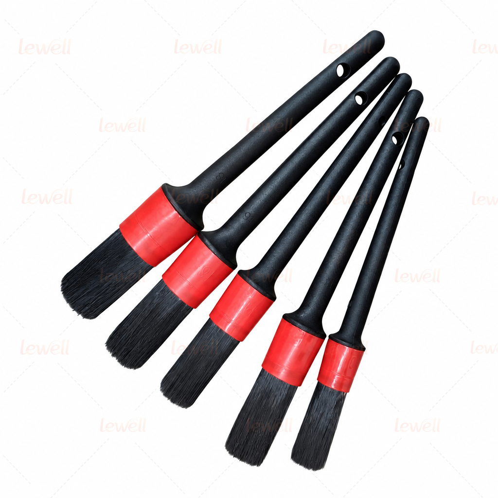 Car detailing brush set: five black handles with black bristles and red end caps