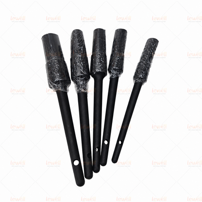Car detailing brush set with black handles and black bristles, with textured protective sleeves