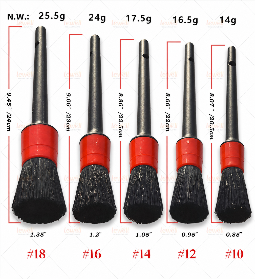Car detailing brush set size lineup with black bristles and red end caps