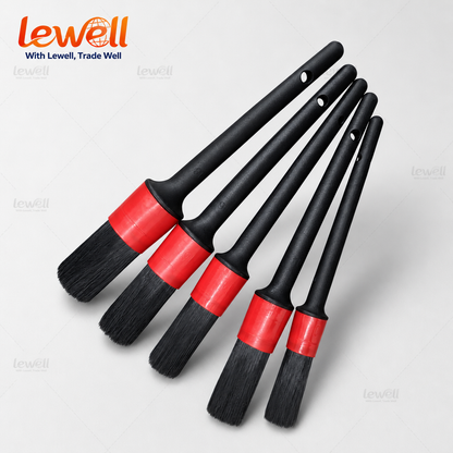 Car detailing brush set with black handles, black bristles, and red end caps