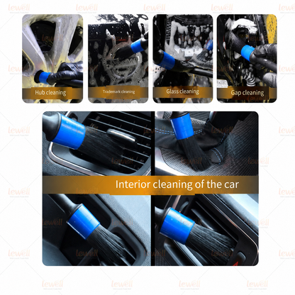 Car detailing brush kit shown cleaning car interior surfaces with blue-bristled tools