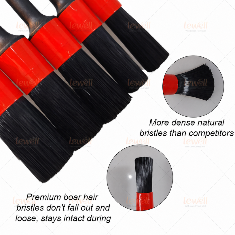 Car detailing brush set with black bristles and red end caps on black handles