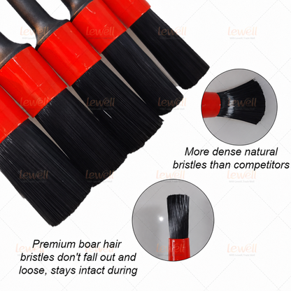 Car detailing brush set with black bristles and red end caps on black handles