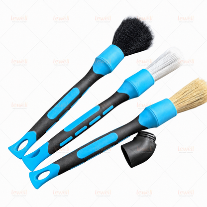 3-piece car interior detailing brush set with blue grips and soft black bristle heads