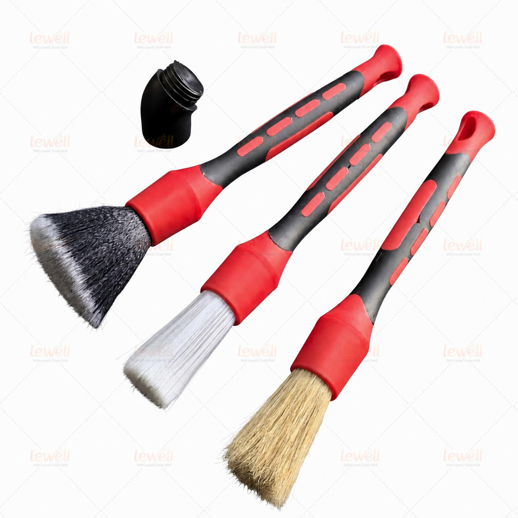 3-piece car interior detailing brush set with red grips and assorted bristle brush heads