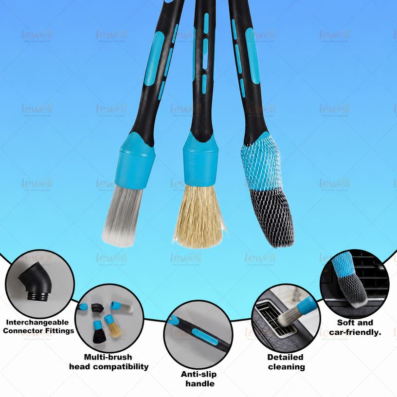 3 blue detailing brushes with interchangeable heads and anti-slip handles, multi-brush set