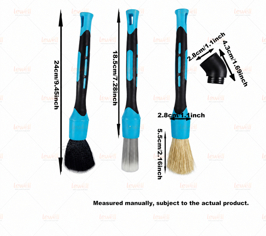 Blue car detailing brush set of 3 with different head shapes and measured lengths
