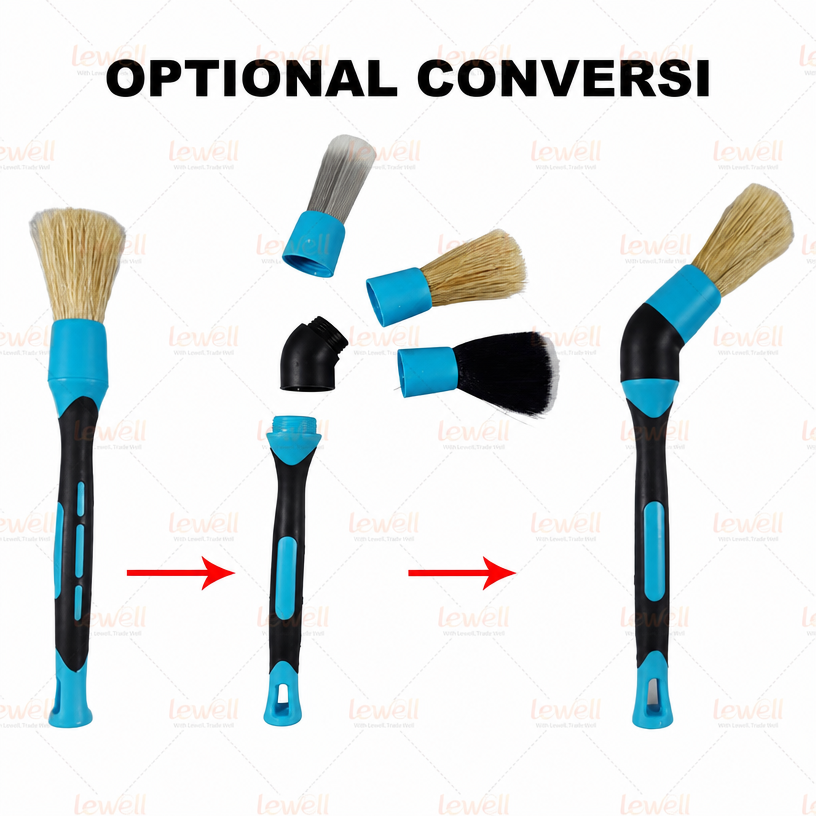 Blue car detailing brush set showing interchangeable brush heads with connector fittings