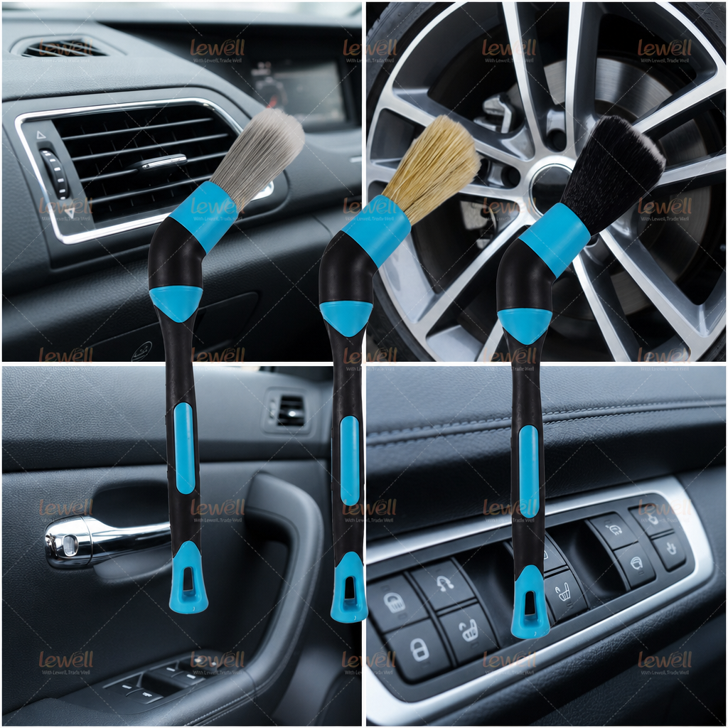 Car interior detailing brushes with blue handles and different heads for vents, trims, and creases