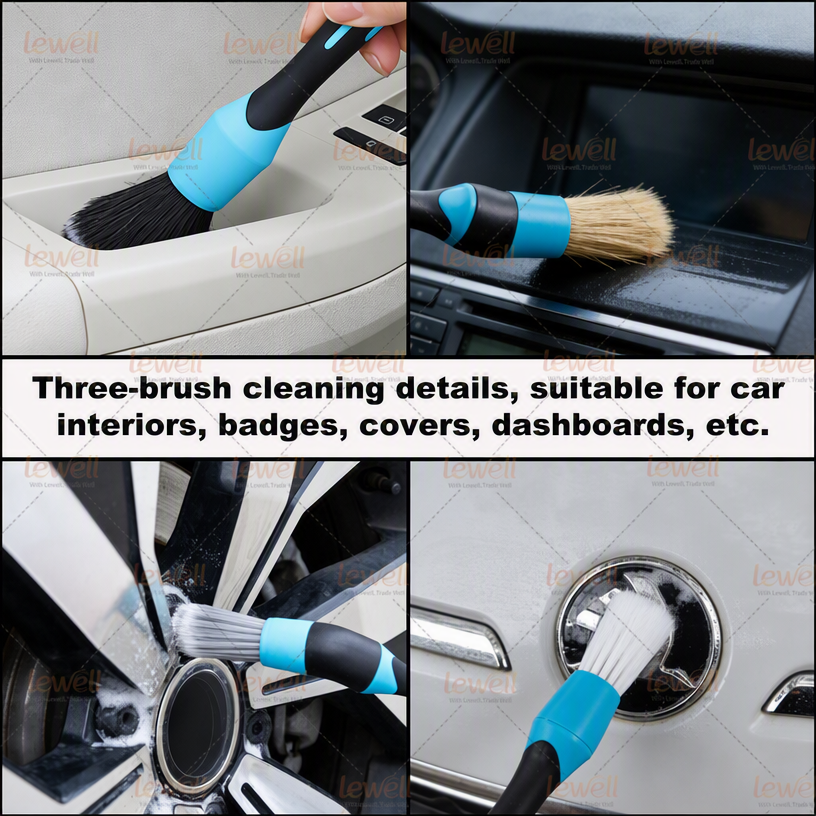 Three blue detailing brushes used on car interior surfaces, emblems, and door details