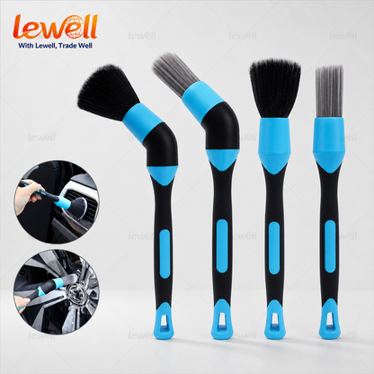 Car interior detailing brush set with 3 interchangeable heads and blue anti-slip handles