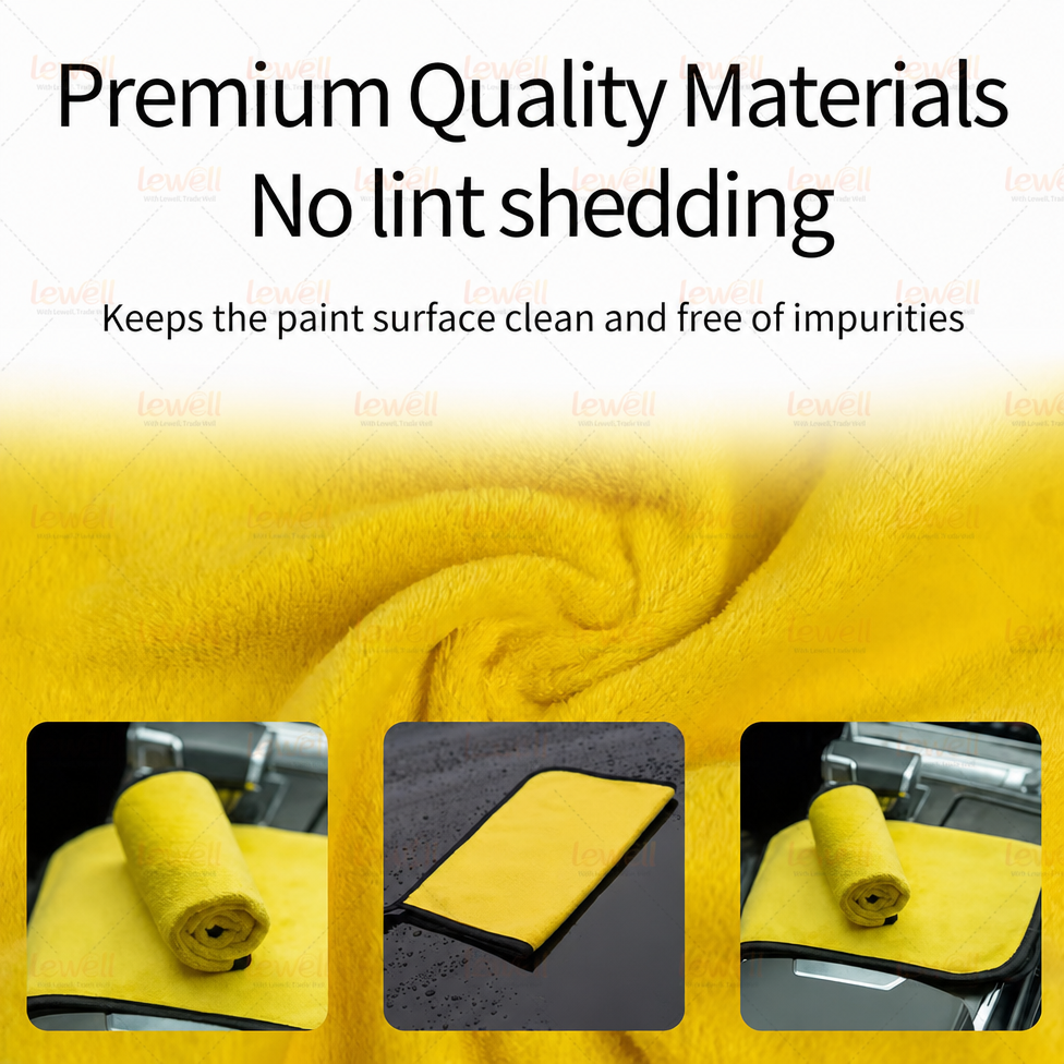Yellow coral fleece towel laid flat, showing thick pile and black edge