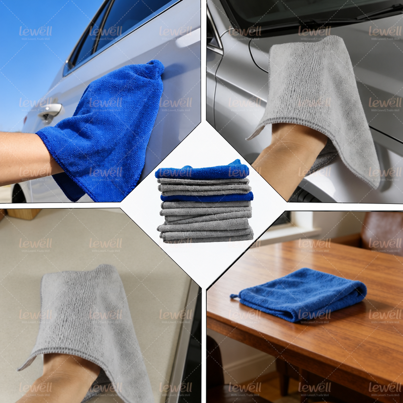 Gray and blue microfiber cleaning cloths, stacked set