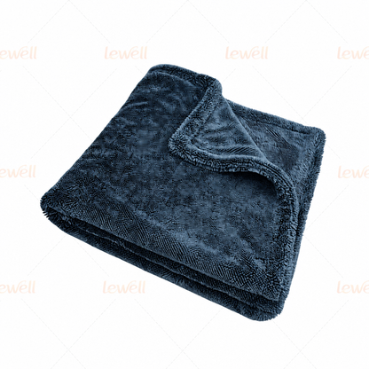 Gray twisted-loop car drying towel, folded with stitched edge