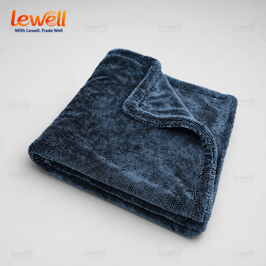 Gray twisted-loop car drying towel, neatly folded with curved corner edge