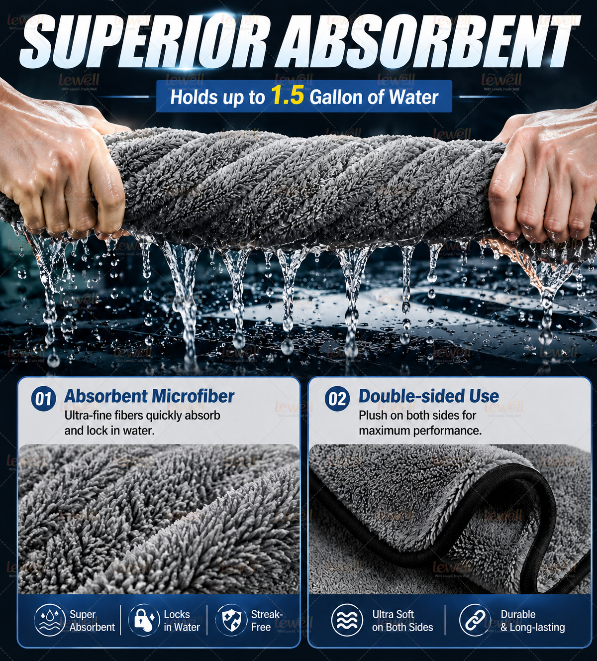 Gray twisted-loop car drying towel absorbing water on car surface