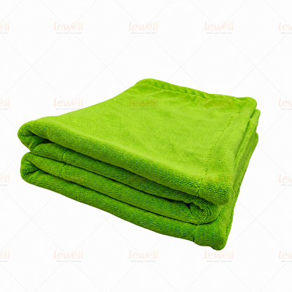 Car drying towel, lime green microfiber stack, folded and rolled
