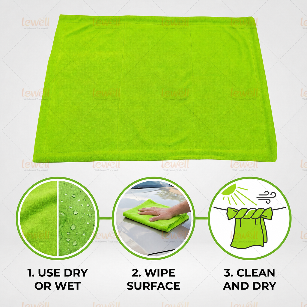 Car drying towel, lime green microfiber cloth folded flat