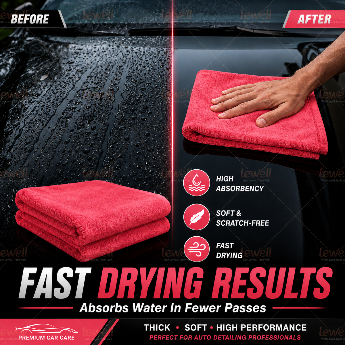 Car drying towel, red microfiber towel folded, with hand holding it