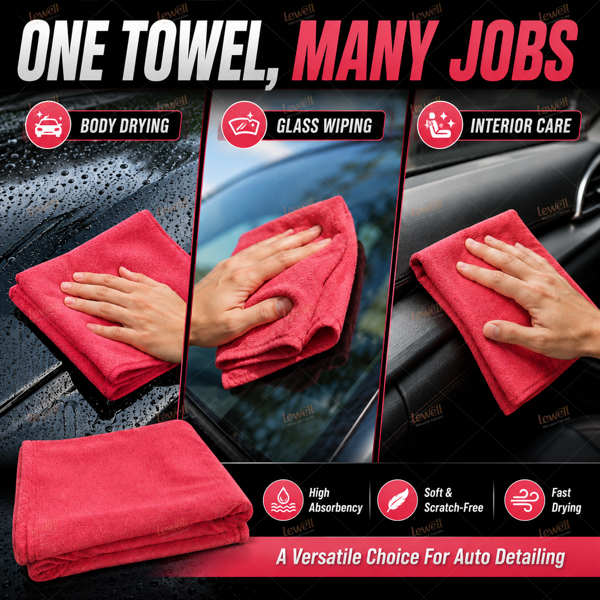 Car drying towel, red microfiber cloth with hand smoothing it