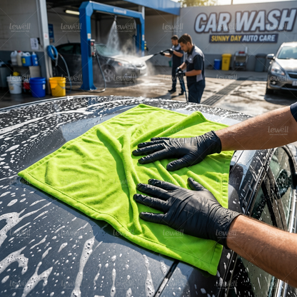 Car drying towel, lime green microfiber cloth on car surface