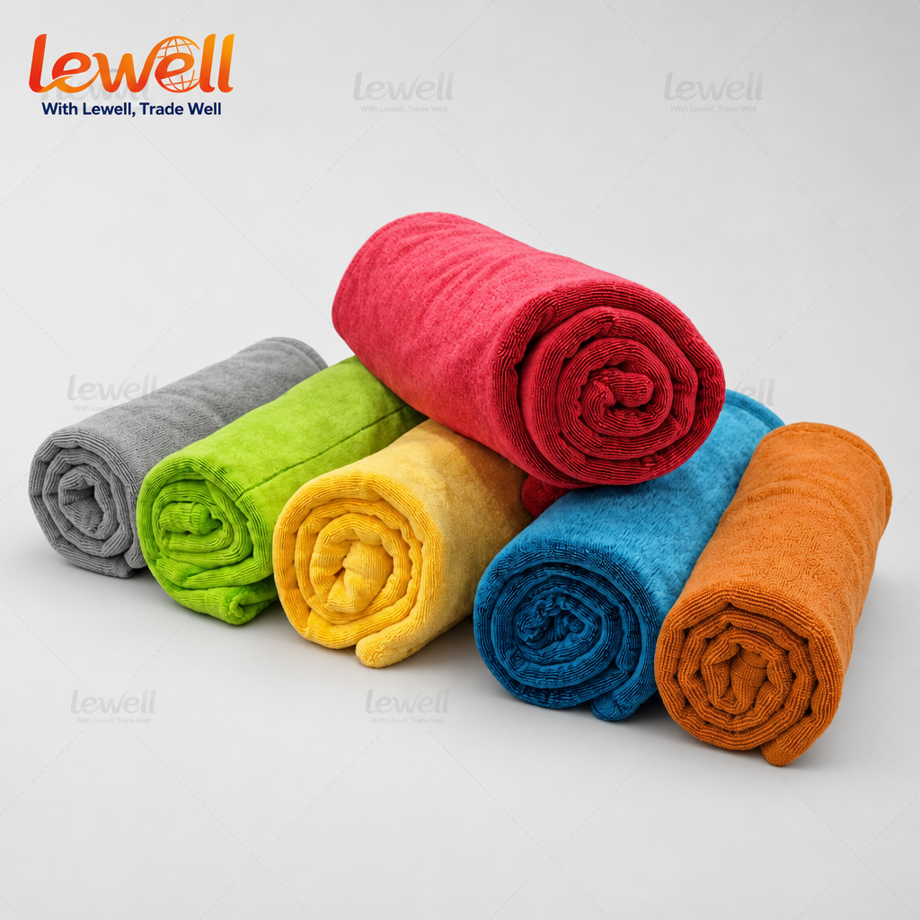 Car drying towels, multicolor microfiber towel stack: red, green, yellow, blue, orange