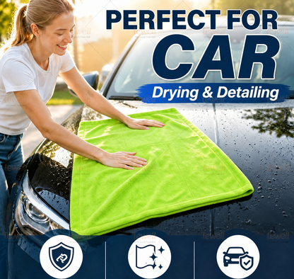 Car drying towel, lime green microfiber cloth laid on car hood