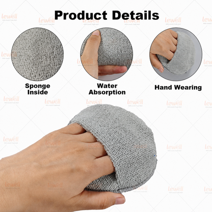 Gray microfiber wax applicator pad held in hand, textured absorbent surface