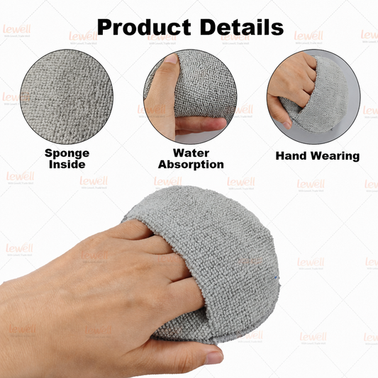 Gray microfiber wax applicator pad held in hand, textured absorbent surface