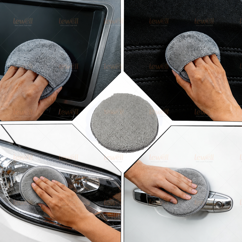 Gray microfiber wax applicator pad used on car body, hands applying wax