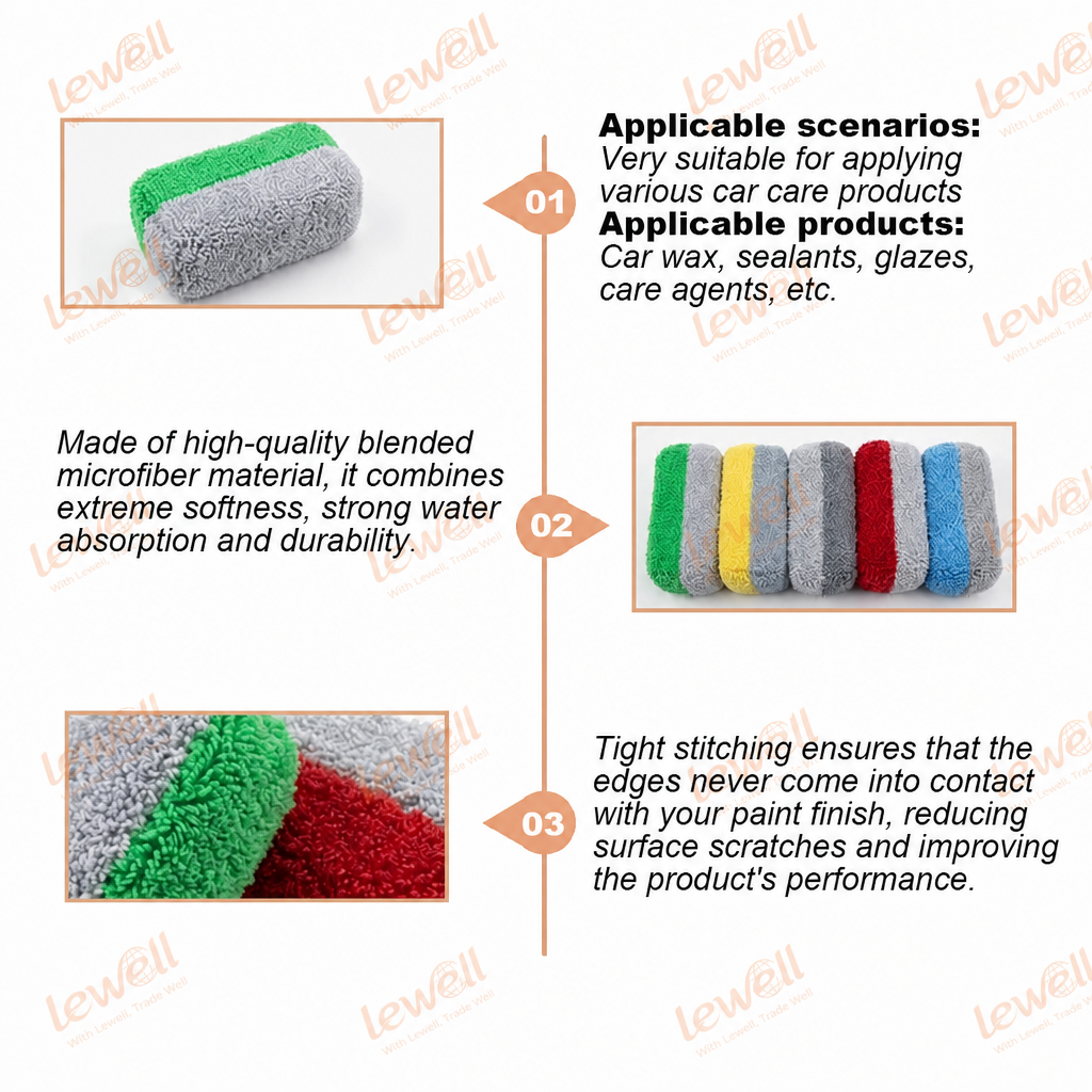 Microfiber detailing applicator sponge blocks in assorted colors, shown in stacks