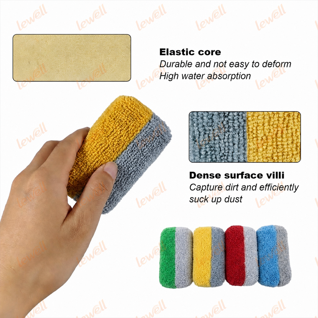 Microfiber applicator sponge block with dense pile surface, shown in hand and cross-section