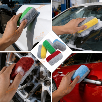 Microfiber detailing sponge in hand applying to a car panel, with other colors shown