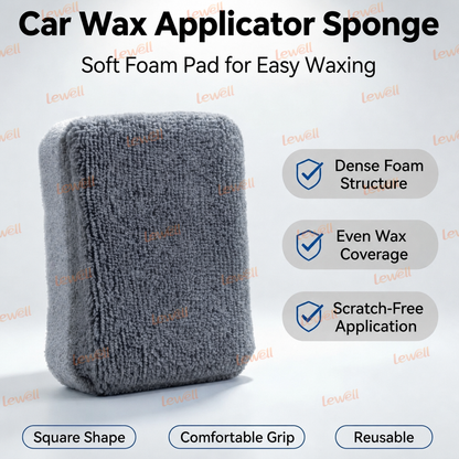 Gray microfiber car wax applicator sponge block with textured pile, upright