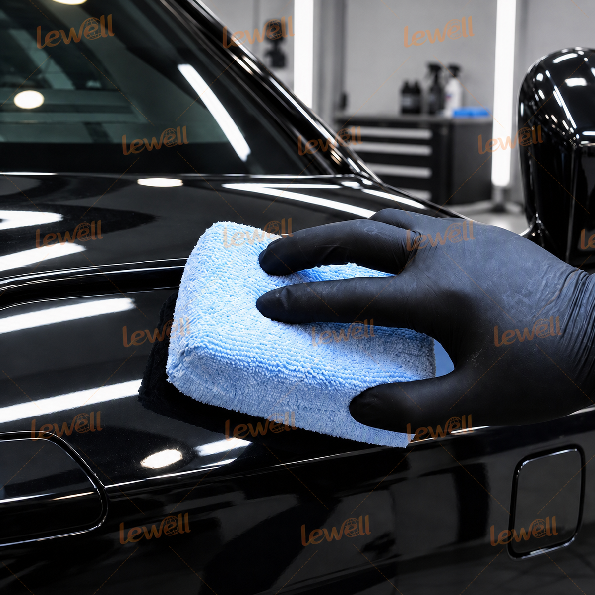 Blue microfiber sponge block held by black-gloved hands on car hood