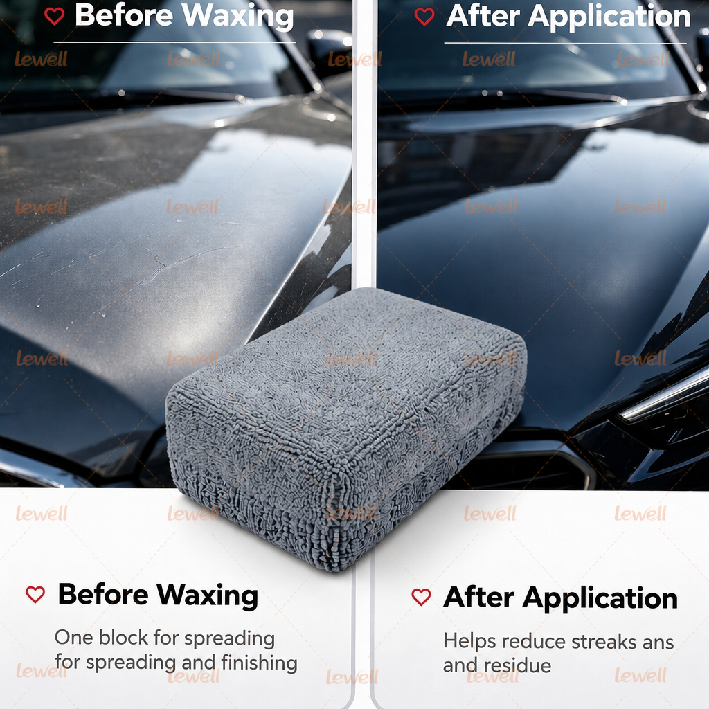 Gray microfiber car detailing sponge block on a car hood